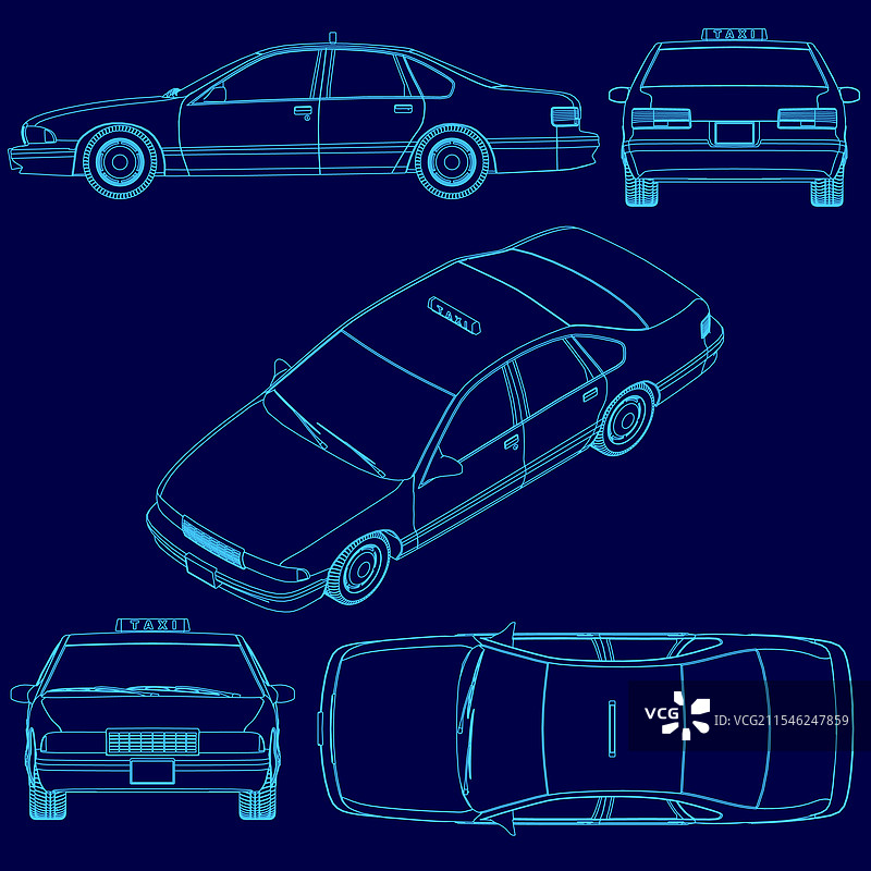蓝色的出租车绘画，出租车被展示出来。图片素材