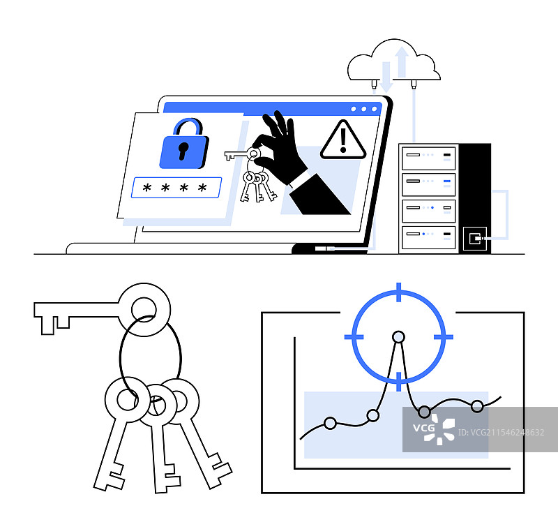 网络安全概念与锁、钥匙和黑客攻击图片素材