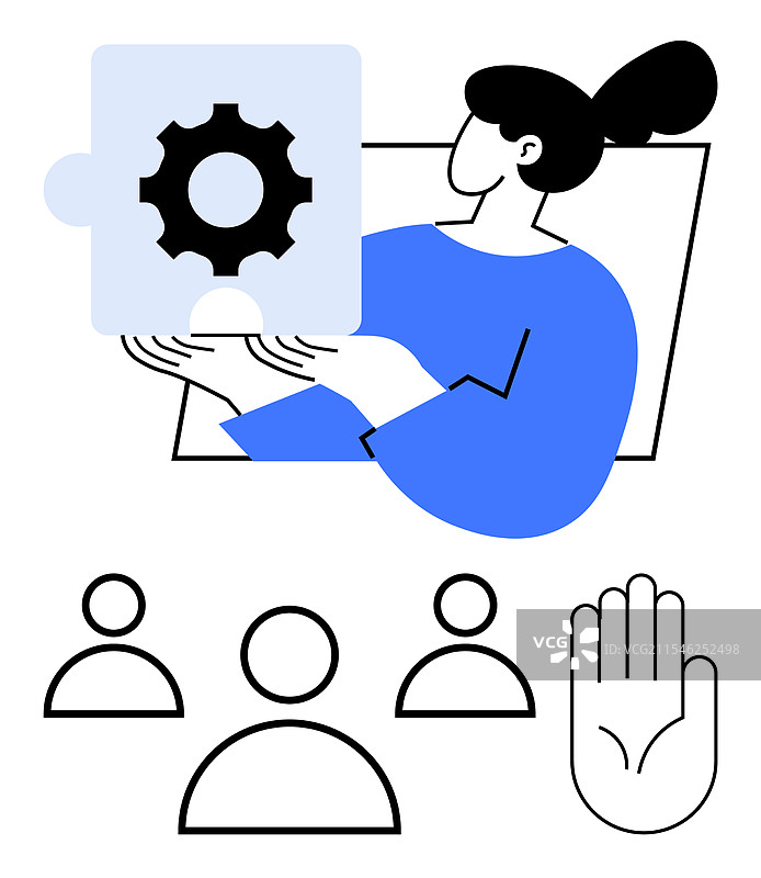 女性手持齿轮拼图块与群体图标图片素材