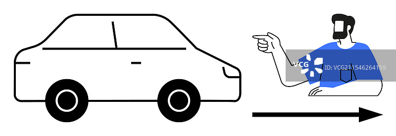 男人指着一辆朝同一方向行驶的汽车图片素材