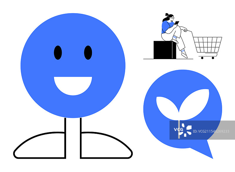 微笑的情绪，手持电话的人与购物车图片素材