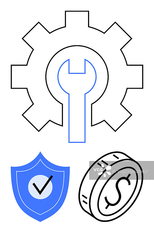 带有勾号的扳手和齿轮盾牌图片素材