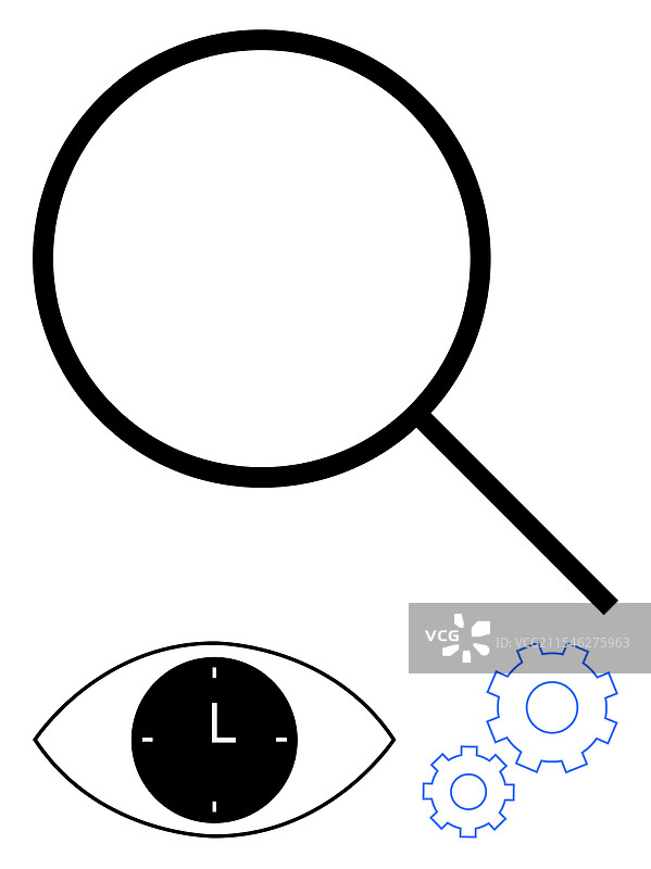 放大镜、时钟、眼睛和蓝色齿轮图片素材