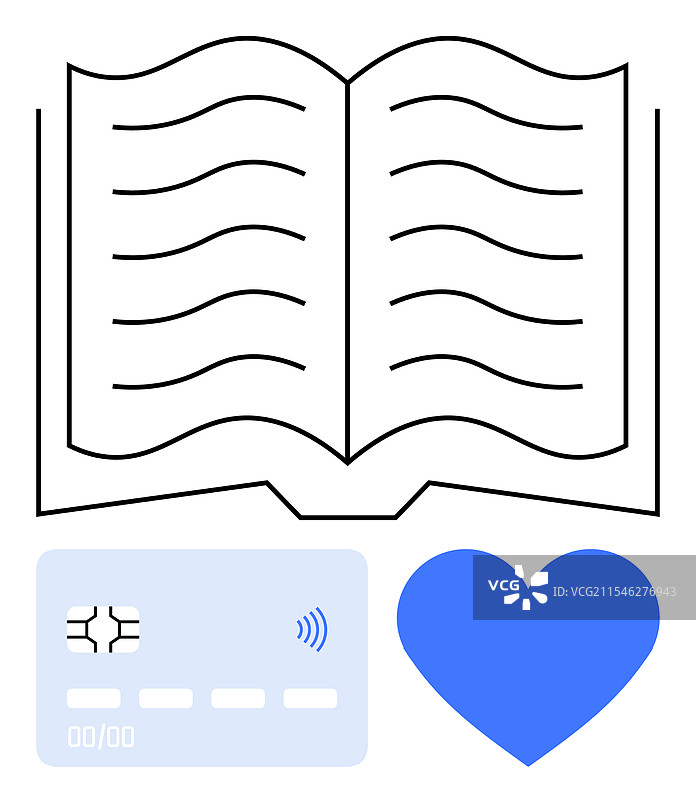 打开的书，旁边有蓝色心形图案和信用卡图片素材