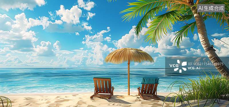 【AI数字艺术】假日度假海滩风景插画图片素材
