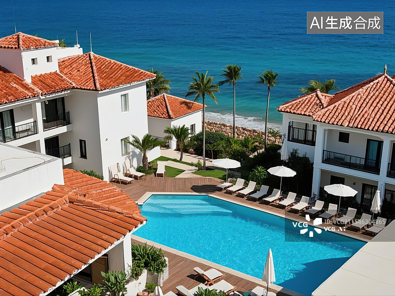 【AI数字艺术】海滨度假酒店泳池景观，地中海风格豪华酒店图片素材