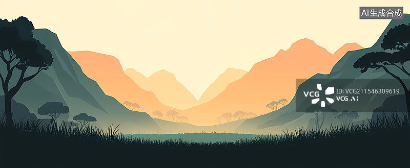 【AI数字艺术】户外山脉草地卡通插画图片素材