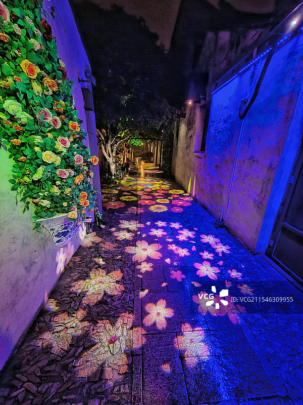 江苏省苏州市昆山江南水乡古镇周庄花巷雨巷夜景图片素材