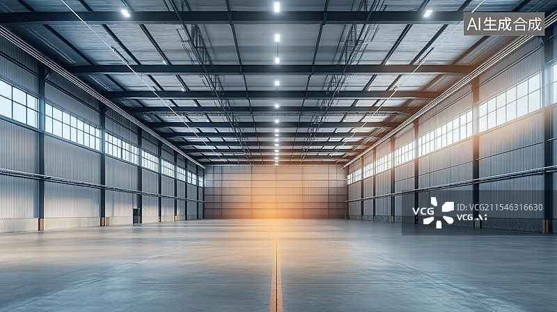 【AI数字艺术】阳光下现代宽敞明亮的工厂仓库室内空间图片素材