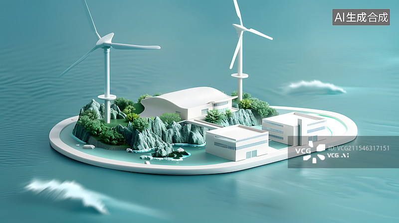 【AI数字艺术】白色的风力发电机和发电站建筑模型图片素材