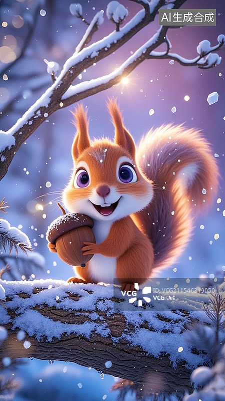 【AI数字艺术】3D卡通下雪天一只小松鼠在树干上抱着橡果图片素材