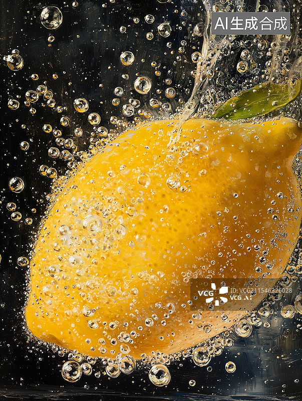 【AI数字艺术】一幅写实油画，完整的黄色柠檬浸入水中，周围环绕气泡，伴有绿叶，尽显清新灵动图片素材
