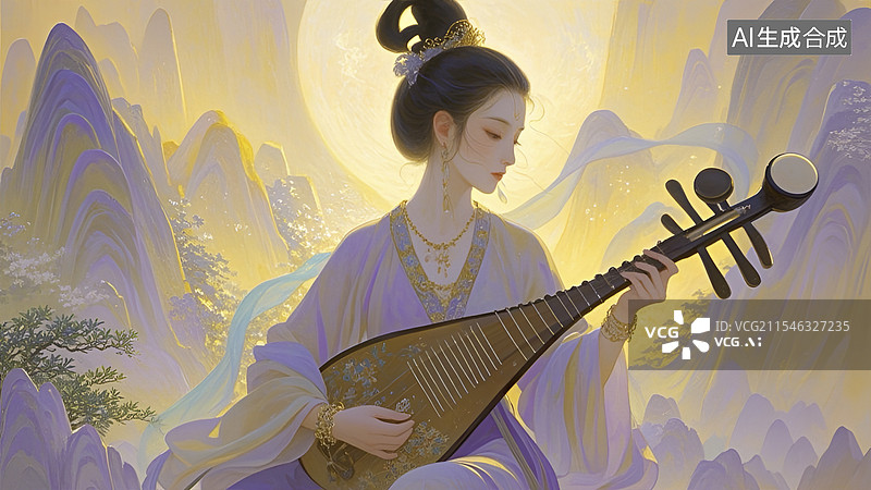 【AI数字艺术】弹琵琶的女子国风背景图片素材
