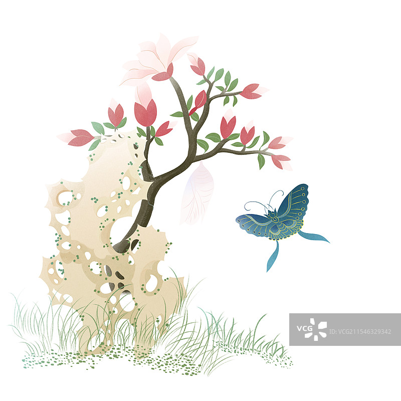 雨水春天节气玉兰花蝴蝶假山石太湖石草地国潮国风手绘插画传统文化破茧成蝶化茧成蝶图片素材