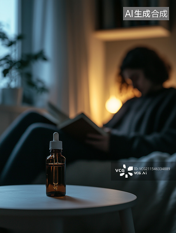 【AI数字艺术】室内暖光下，桌上放着一本打开的书和一瓶带滴管的棕色小瓶，远处有人正专注阅读图片素材