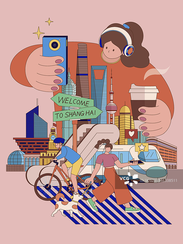 上海城市旅行扁平风插画图片素材