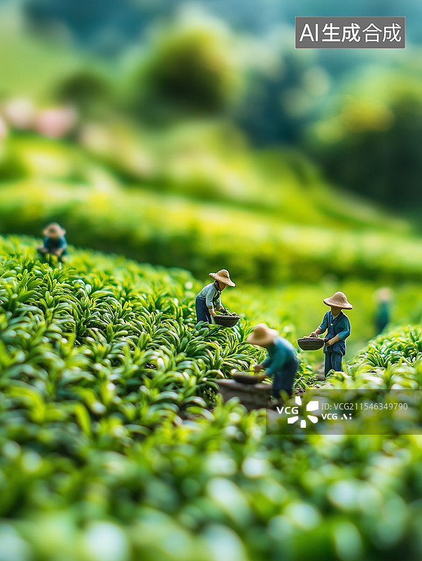 【AI数字艺术】微缩场景里，戴斗笠的小人在翠绿的田间劳作，手持容器，一派田园丰收景象图片素材