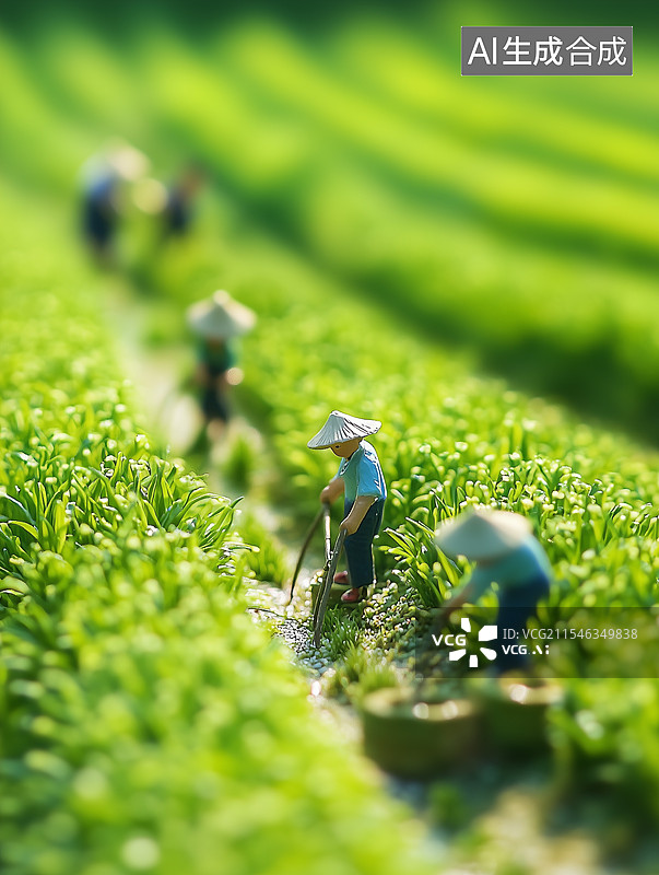 【AI数字艺术】微缩景观呈现田间景象，戴斗笠的小人持农具在绿苗间劳作，透着田园生活气息图片素材