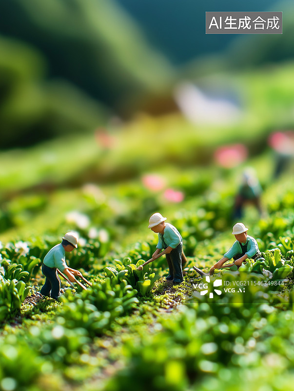 【AI数字艺术】微缩世界里，戴着白帽的小人在绿意盎然的田间持农具劳作，尽显田园劳作之景图片素材