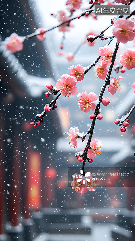 【AI数字艺术】中国风冬天雪中花朵风景图片素材