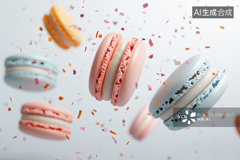 【AI数字艺术】空中散落着的马卡龙蛋糕图片素材