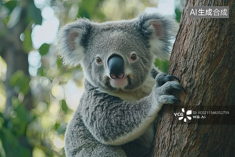 【AI数字艺术】考拉抓着树木，呆萌的望着正前方图片素材