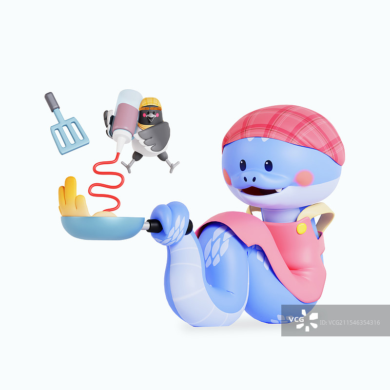 一条蓝色的蛇和一只穿着围裙的喜鹊在煎锅里烹饪图片素材