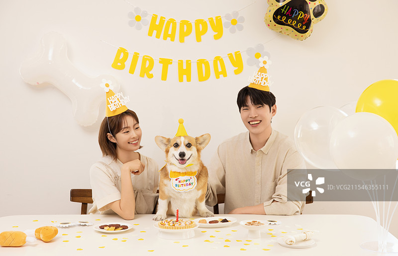 一对年轻情侣正在为他们的狗狗生日派对做准备图片素材