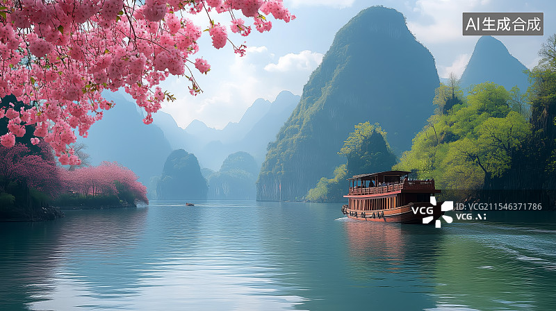 【AI数字艺术】插画春天的山水风景图片素材