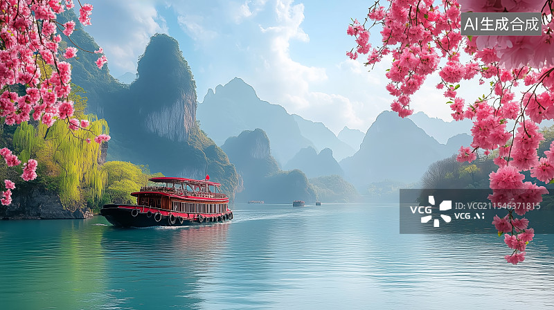 【AI数字艺术】插画春天的山水风景图片素材