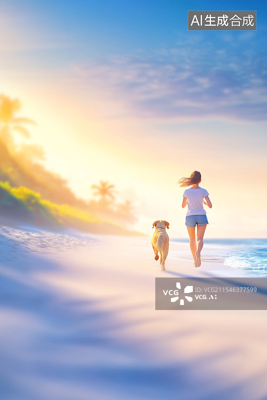 【AI数字艺术】女人和宠物狗在海边跑步图片素材