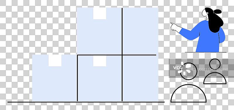 女人指着两个堆叠的集装箱图片素材