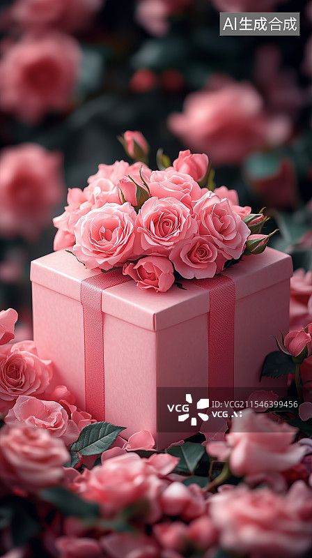 【AI数字艺术】粉色玫瑰花和礼盒场景图片素材