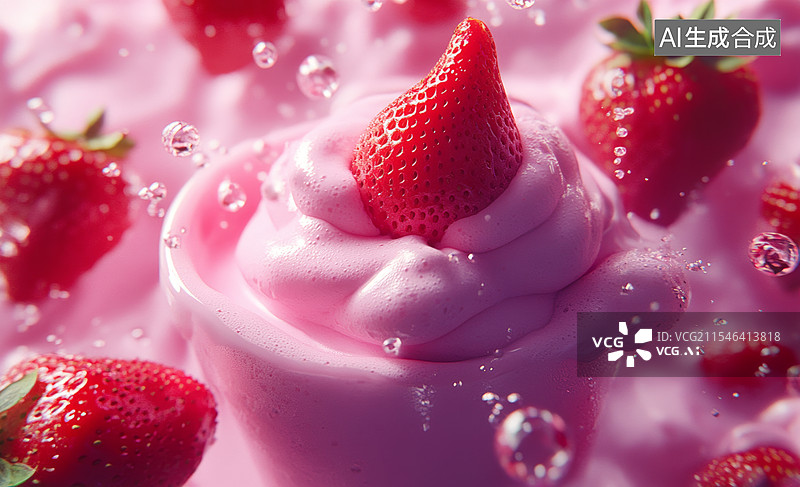 【AI数字艺术】一杯美味的草莓奶昔，周围漂浮着新鲜的草莓和草莓酱。图片素材