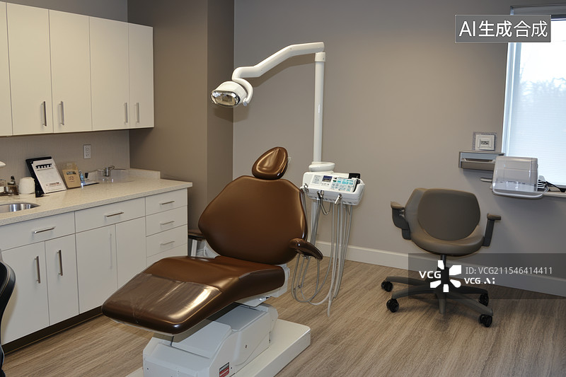 【AI数字艺术】一个现代化的牙科诊疗室。房间内有一张棕色的牙科治疗椅，旁边配备了一盏可调节的手术灯和一套专业的牙科设图片素材