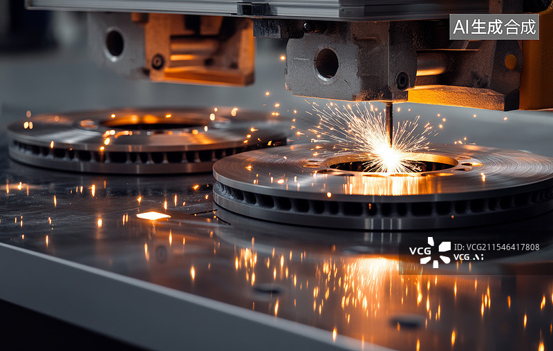 【AI数字艺术】金属加工的场景，具体来说是在对一个刹车盘进行打磨或切割。画面中可以看到火花四溅图片素材