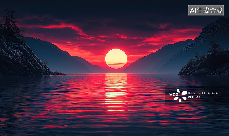 【AI数字艺术】梦幻的海上红色月亮图片素材