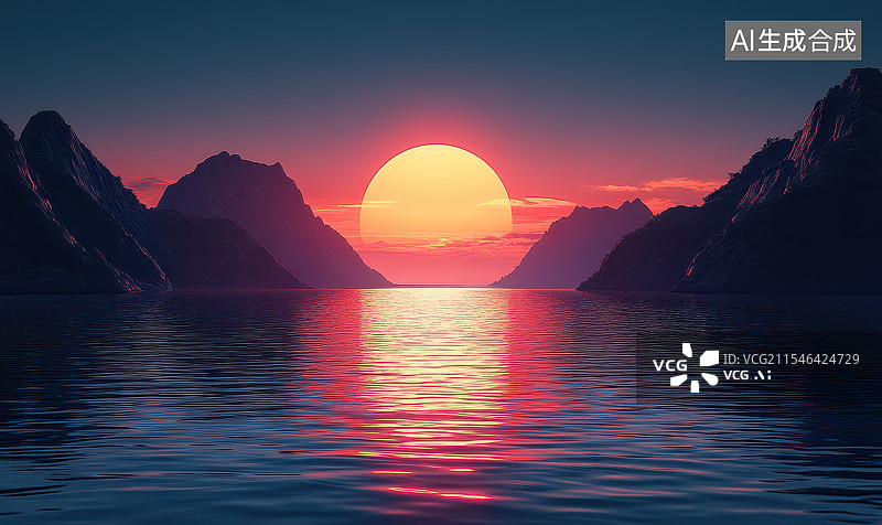 【AI数字艺术】梦幻的海上红色月亮图片素材