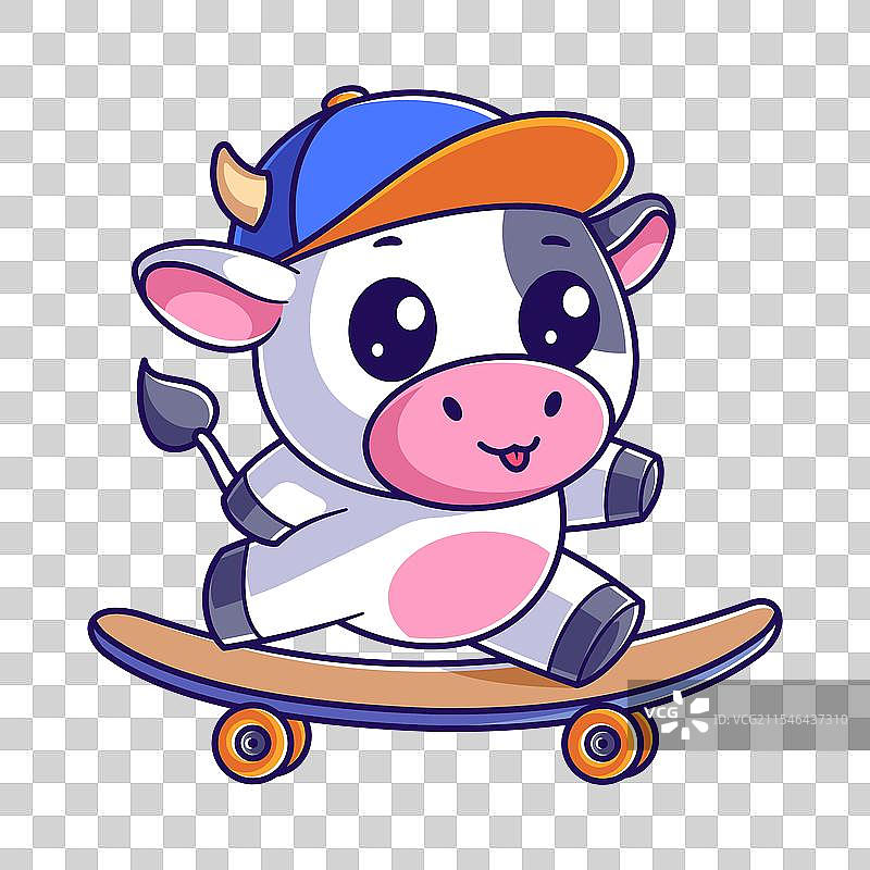 可爱的牛在滑板上玩耍，戴着蓝色帽子图片素材