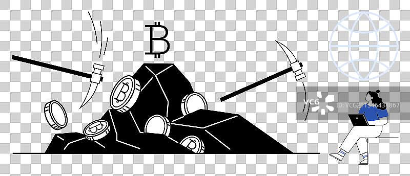 用镐子挖掘比特币矿石图片素材