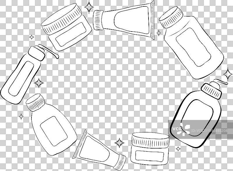 手绘椭圆框中的化妆品瓶罐图片素材