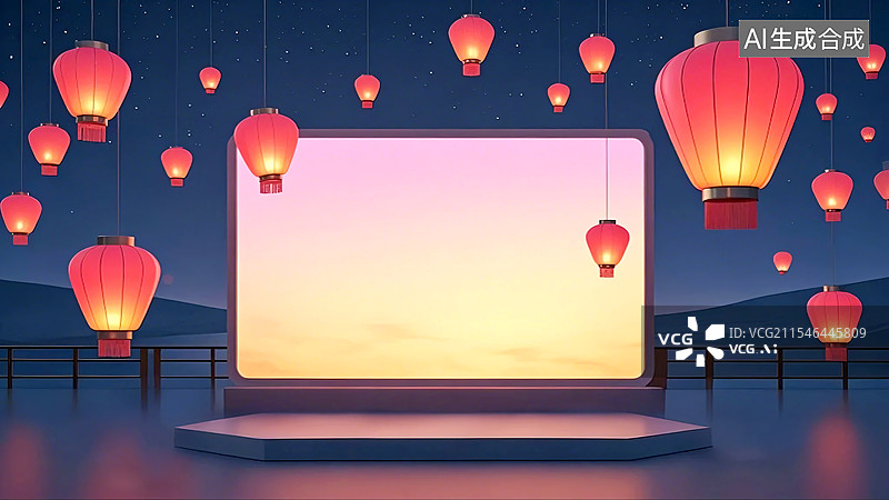 【AI数字艺术】银幕前升空的孔明灯和灯笼图片素材