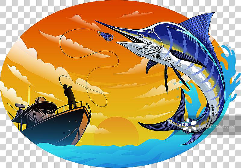 马林鱼跳出水面捕捉钓饵图片素材