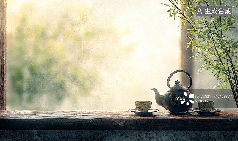【AI数字艺术】传统茶桌，上面放着茶壶和茶杯，置身于宁静的竹林中。雾气弥漫，营造出宁静、平和的茶文化氛围。这个宁静的图片素材