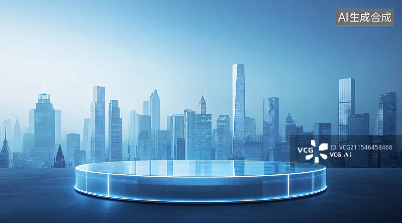 【AI数字艺术】一个由大量蓝色长方形玻璃面板组成的未来城市景观，象征着电子商务和互联网的世界。该图像突出了现代性和创图片素材