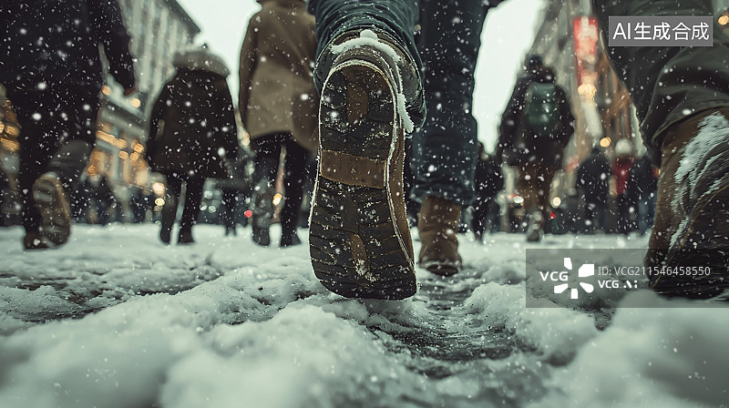【AI数字艺术】特写一个人穿着雪地靴在积雪覆盖的地面上行走，突出冬季时尚和在雪天行走的体验。图片素材