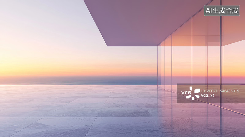 【AI数字艺术】玻璃墙极简建筑落地窗开放空间面朝海景日落图片素材