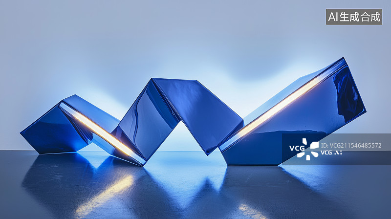 【AI数字艺术】现代艺术装置蓝色几何立体光影设计未来感展览空间图片素材