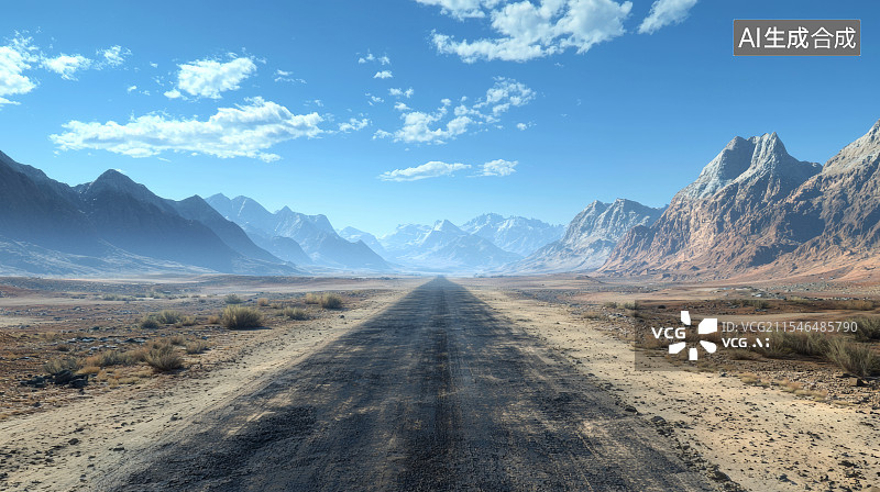 【AI数字艺术】无尽荒漠公路延伸地平线广阔蓝天壮丽自然景观远山背景图片素材