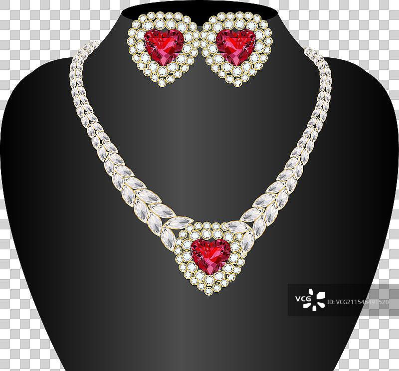 女性项链和耳环，镶嵌红宝石心形饰品图片素材